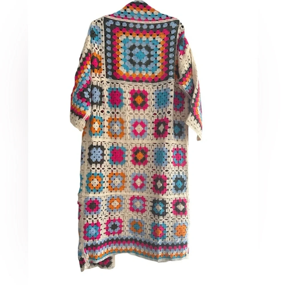POL Crochet Knit One Size Duster Cardigan Open-Front Colorful Granny Square - Picture 5 of 5